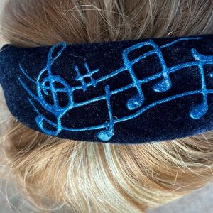 Blue velvet padded hair band hand painted with musical notes/melody. New.